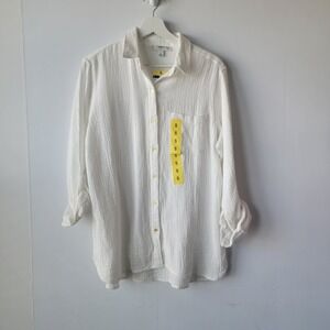 anne klein Jeans women's Gauze button up shirt size s roll-tab sleeve white